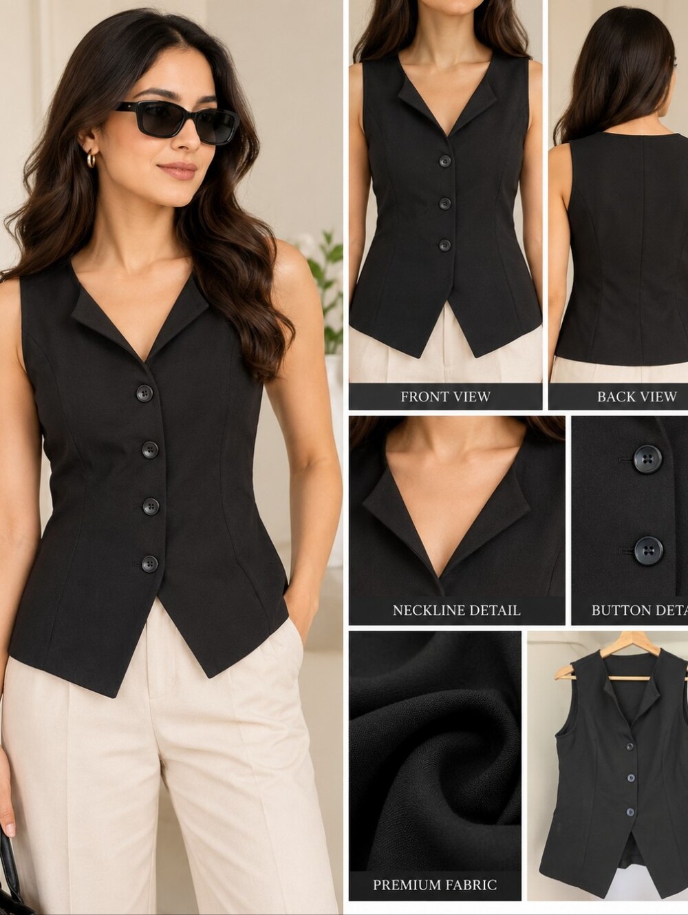 Classic Black Sleeveless Button-Front Women's Shirt Vest